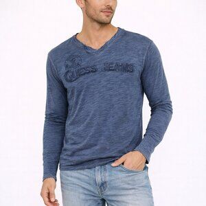 GUESS Blue Heather Graphic Split V-Neck Long Slv Tee Casual School Travel Winter